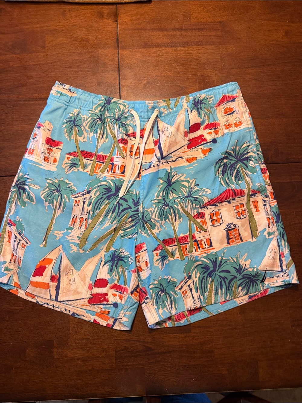 Nautica Blue Tropical Palm & Sailboat Print Swim Trunks